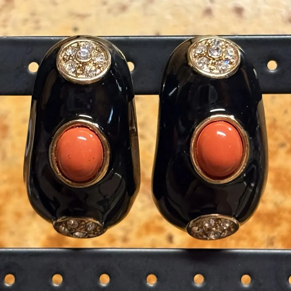 Scaasi 1980's Clip On Earrings Black Enamel, Rhinestones & Coral w/ Gold Vintage